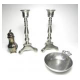 PEWTER PORRINGER BOWL, CANDLE HOLDERS & SHAKER