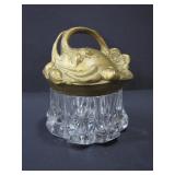 CUT GLASS VANITY DRESSER JAR W/ GILDED METAL LID