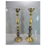 PAIR BRASS BALUSTER STYLE TABLE CANDLE HOLDERS,