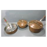 COPPER POT WITH LID, 2 COPPER PANS W/BRONZE LIDS