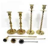 4 BRASS CANDLE HOLDERS & 3 CANDLE SNUFFERS