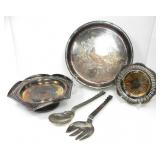 SILVERPLATED PLATTER, DISHES, FORK & SPOON, & TRAY