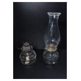 PAIR OF GLASS OIL LAMPS W/ ONE CHIMNEY