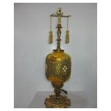 HOLLYWOOD REGENCY STYLE AMBER GLASS & BRASS TABLE