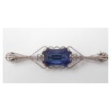 14KT WHITE GOLD & BLUE PASTE BAR BROOCH $600