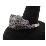 925 SILVER & EMERALD PANTHER HEAD RING 9.7g