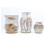 THREE TEXTURED LINE GLAZED VASES & PLANTER BY ELLY