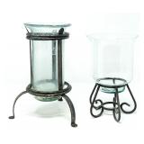 PAIR HURRICANE LIGHT BLUE GLASS FOOTED LAMP HOLDER