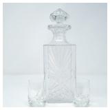CUT CRYSTAL DECANTOR + 2 CRYSTAL SHOT GLASSES