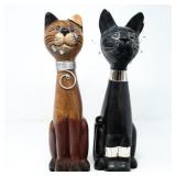 TWO WOODEN CAT STATUES