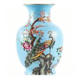 CHINESE SKY BLUE PEACOCK RELIEF VASE