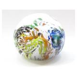 MULTICOLOURED BLOWN GLASS PAPERWEIGHT SIGNED M.B.