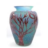 SIGNED THORN GLASS DOTTED ABSTRACT ELK & TREE VASE