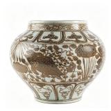 QINGBAI BROWN-DECORATED FISH AND LOTUS JAR