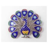 SILVER & ENAMEL FILIGREE PEACOCK BROOCH 7.8g