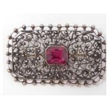 SILVER FILIGREE & RED GLASS BROOCH 13g