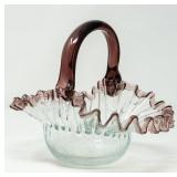 ART GLASS HANDLED CANDY BOWL W/ PURPLE RUFFLED RIM