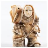 IVORY CARVED FLIP FACE FISHERMAN WITH CARP 2'