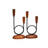 PAIR MCM TEAK AND BLACK METAL CANDLE HOLDERS