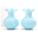 PAIR FENTON LIGHT BLUE SATIN GLASS RUFFLE VASES