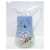 HANDPAINTED ART GLASS PITCHER W/ FLORAL MOTIFS