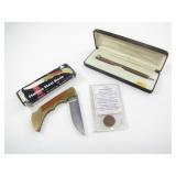 STAINLESS FOLDING KNIFE, HALLMARK PEN, LUCKY PENNY