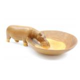 CARVED WOOD HIPPO DRINKING WATER FROM BOWL FIGURE