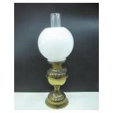 TURNED BRASS-TONE OIL LAMP W/ MILK GLASS ORB SHADE