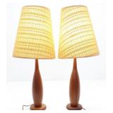 PAIR MCM TURNED TEAK WOOD JUTE CLOTH TABLE LAMPS