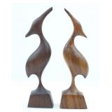 PAIR CARVED WOOD CRANE FIGURES 6.5'