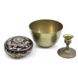 BRASS SINGING BOWL, CANDLESTICK HOLDER & ROUND BOX