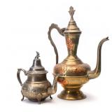 TWO BRASS & COPPER TEAPOTS