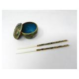 CHINESE CLOISINNE TRINKET BOX + BONE CHOPSTICKS
