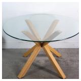MCM ROUND GLASS DINING TABLE, STAR-BURST WOOD BASE