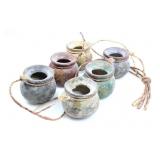 SIX HANGING SMALL CERAMIC 3' POTS ON CORD