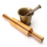 WOOD ROLLING PIN AND BRASS MORTAR & PESTLE