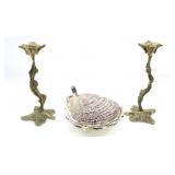 SHELL BUTTER DISH & TEXTURED CANDLESTICK HOLDERS