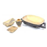 CARVED WOOD SERVING TRAY, DISHES & SMALL VASE