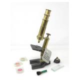 ANTIQUE BRASS MICROSCOPE WITH NEWER ACCESSORIES