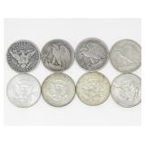 8 AMERICAN .900 & .400 SILVER HALF-DOLLAR COINS