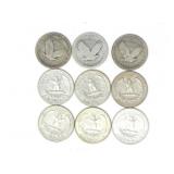 9 AMERICAN CIRCULATED .900 SILVER QUARTERS 55g
