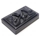 CHINESE BLACK STONE INK BOX WITH CARVED RELIEF LID