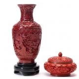 CERAMIC CINNABAR STYLE VASE  & CINNABAR BOX