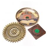 INDIAN COASTER, PLATE, AND BRASS TRIVET