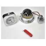 POCKETKNIFE, SHIP COMPASS, CLOCK AND TALLY COUNTER