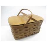 WOVEN STRAW PICNIC BASKET W/ HINGED LID & SHELF