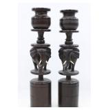 CARVED EBONY WOOD ELEPHANT CANDLESTICK HOLDERS