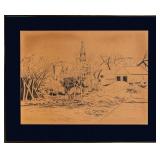 SIGNED INK DRAWING VILLAGE BY THE WATER 1975