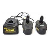 DEWALT BATTERY CHARGER AND 2 BATTERIES