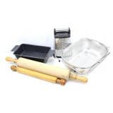 BAKING PAN, ROLLING PINS, CHEESE GRATER & DRAINER
